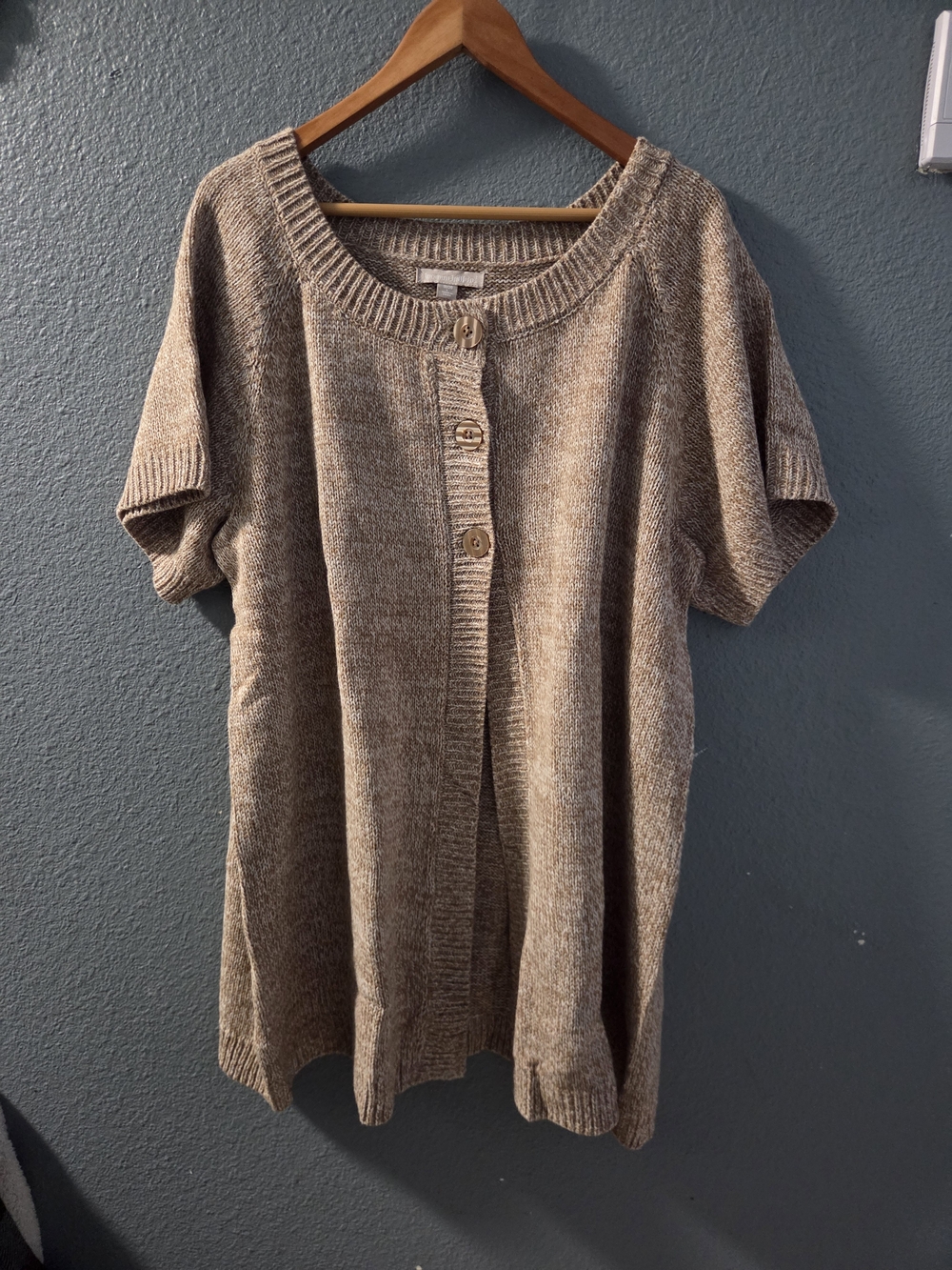 Woman Within Short-Sleeve Button Front Cardigan in Taupe
